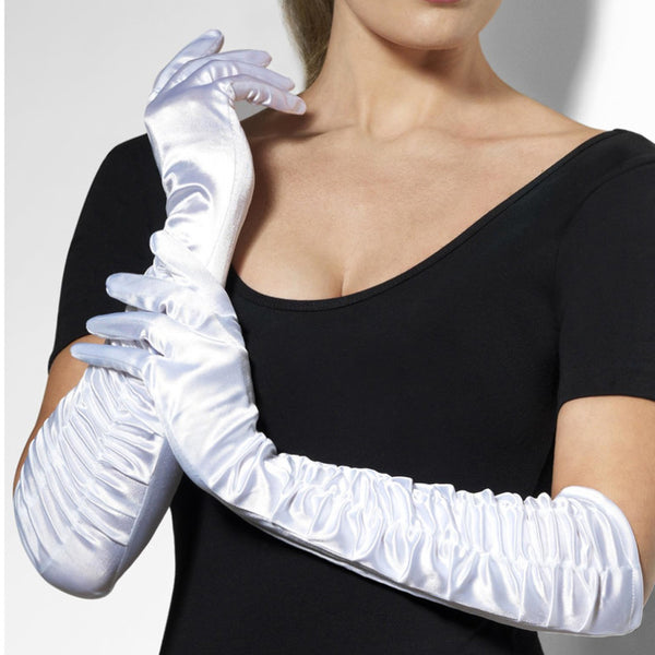 Long White Satin Gloves