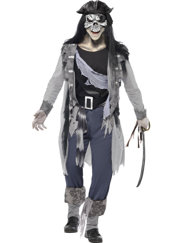 Skeleton Pirate Costume Front at Halloween Fancy Dress and Party