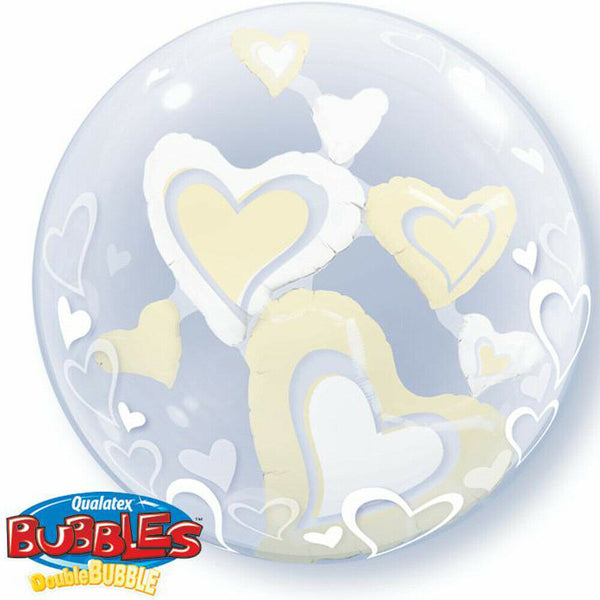 24" White and Ivory Floating Hearts Double Bubble Balloon